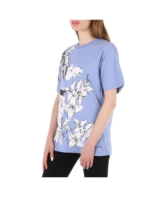 Moncler Blue Light Floral Print Cotton Crew Neck T-shirt