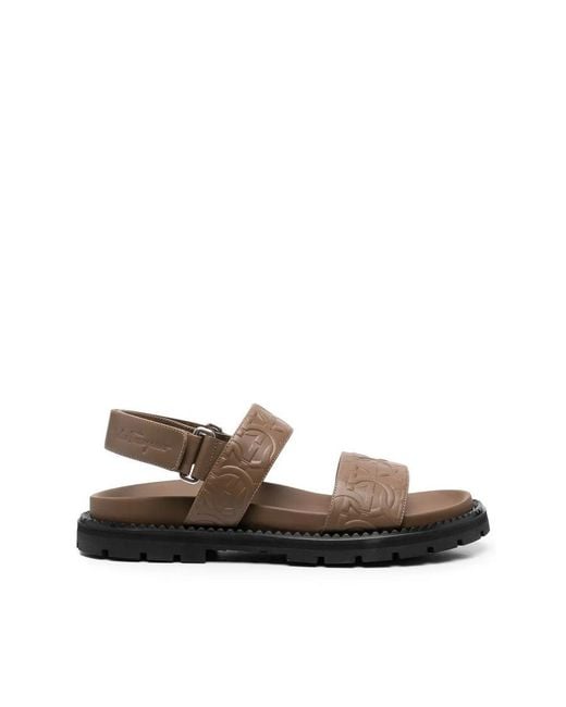 Ferragamo Brown Gancini Debossed Sandals for men