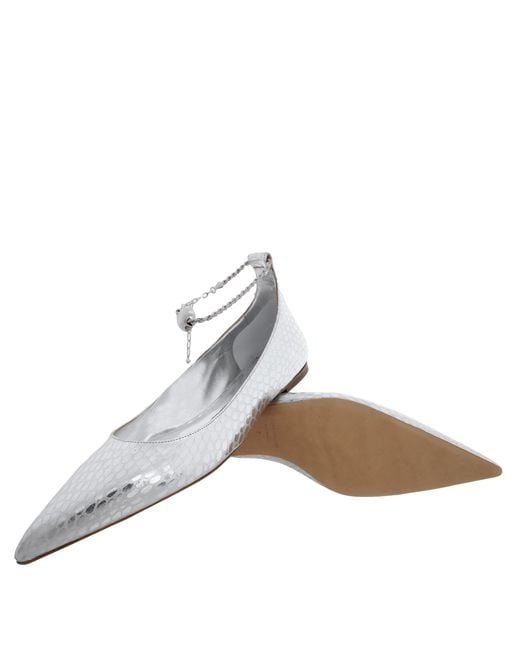 Ferragamo White Snake-Embossed Pointed-Toe Ballet Flats
