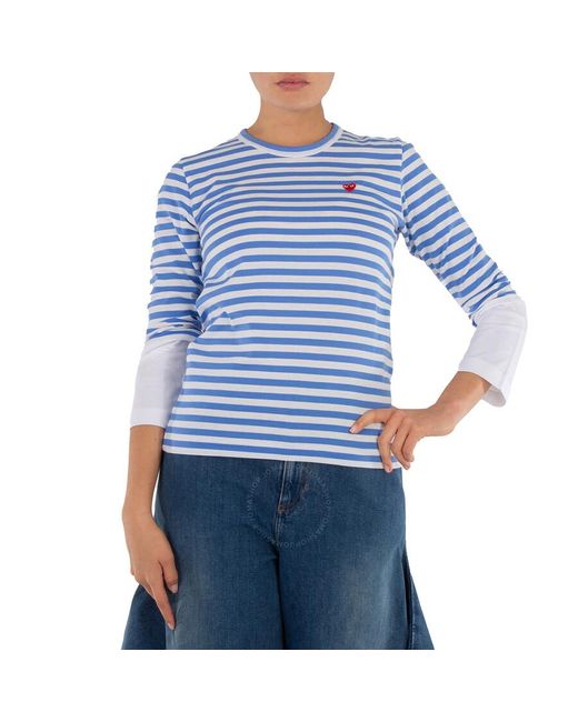 COMME DES GARÇONS PLAY Blue Horizontal-Stripe Heart Emblem Long-Sleeve T-Shirt