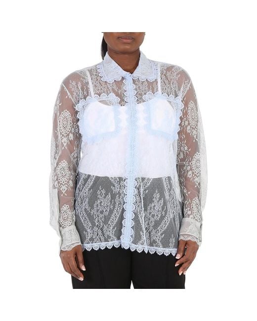 Burberry Blue Ladies Pale Long-Sleeve Lace Shirt, Brand Size 10 (Us