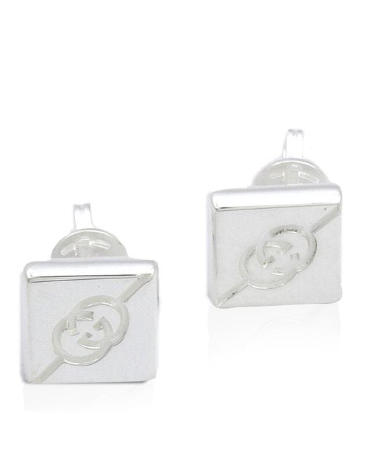 Gucci White Sterling Diagonal Interlocking G Stud Earrings for men