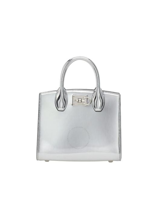 Ferragamo Gray Small Studio Box Gancini Buckle Tote Bag