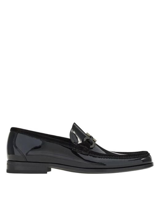 Ferragamo Black Gancini Ornament Patent Leather Loafers for men