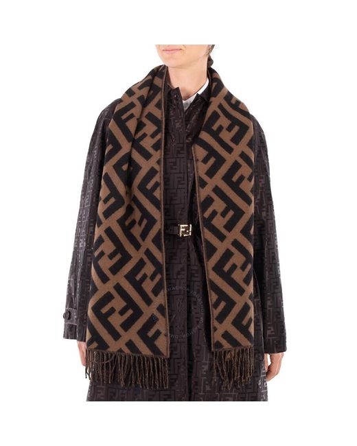 Fendi Brown Jacquard Ff Motif Fringed Scarf