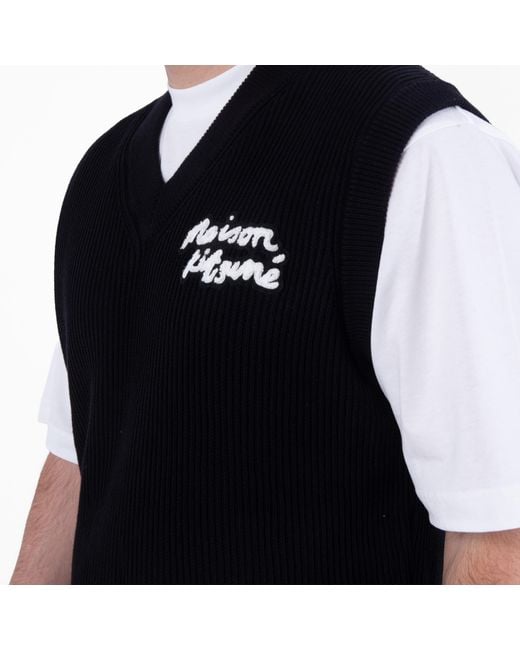 Maison Kitsuné Black Handwriting Embroidery Ribbed Knit Vest for men