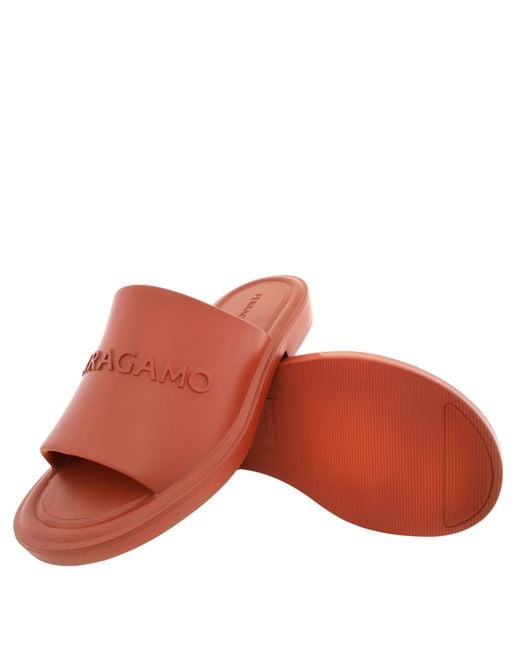 Ferragamo Brown Giuneva Logo Embossed Slides for men