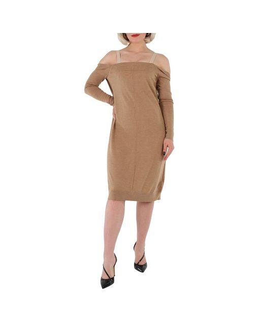 Burberry Natural Ladies Biscuit Bra-Detail Long Sleeve Wool Dress, Brand Size 12 (Us