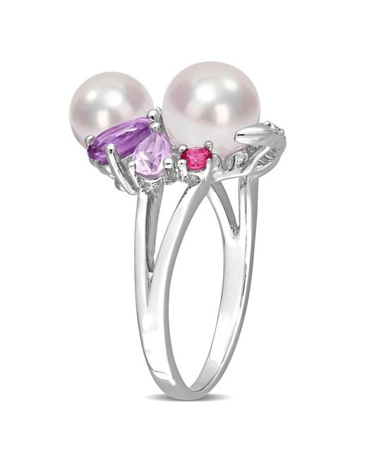 Amour Metallic Cultured Freshwater Pearl And 1 3/8 Ct Tgw Multi-Gemstone Cocktail Ring