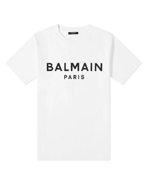 Balmain White Flock Logo Cotton T Shirt for men