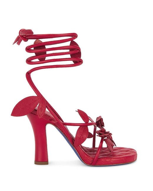 Burberry Red Floral Leather Sandals With Tubular Straps And Quilted Insole