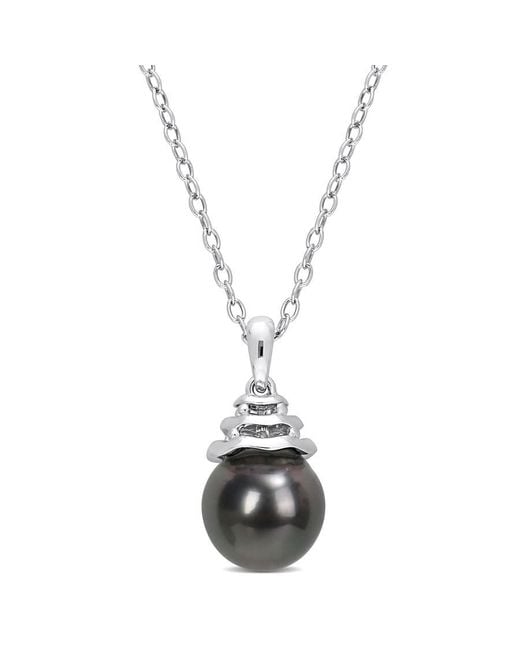 Amour Metallic 8.5-9Mm Freshwater Cultured Pearl And 1 1/3 Ct Tgw Created Sapphire Floral Pendant