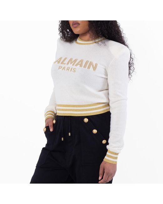 Balmain White Logo Embossed Cropped Pullover, Brand Size 36 (Us