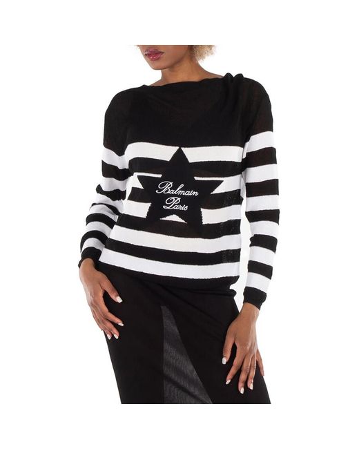 Balmain Black Logo Embroidery Striped Sweater