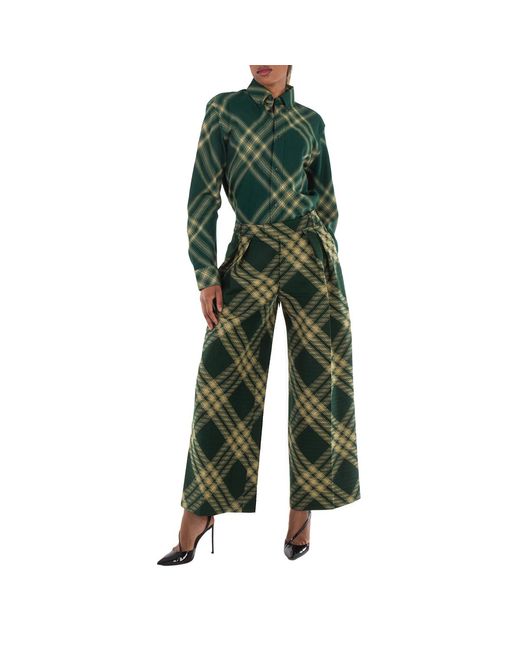 Burberry Green Wide-Leg Tartan Wool Boyfriend Trousers, Brand Size 2 Us