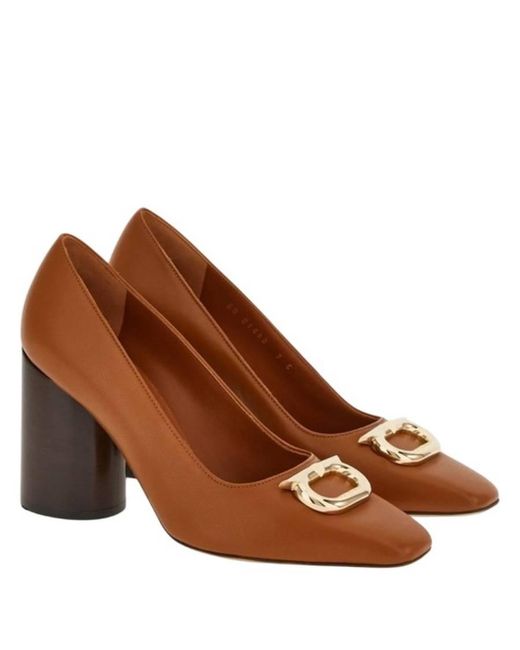 Ferragamo Brown Pania Pump With Bejeweled Gancini Ornament