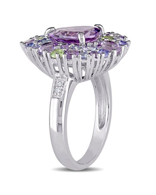 Amour Blue 4 1/2 Ct Tgw Tanzanite, Rose De France, Peridot And Amethyst Pear-Shape Cluster Cocktail Ring for men