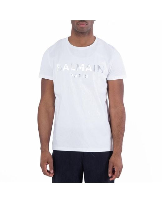 Balmain White Foil Logo Embossed T Shirt for men