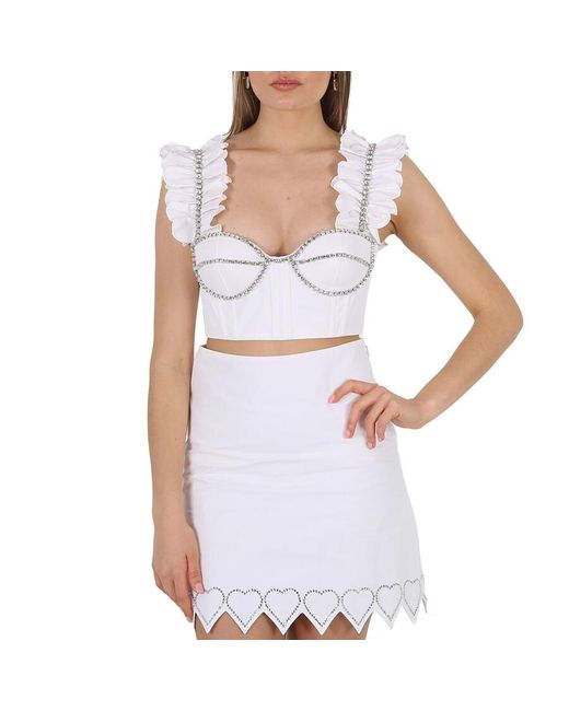 Area White Ladies Crystal Embellished Poplin Ruffle Bustier Cropped Top