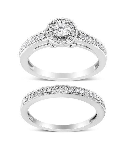 Haus of Brilliance Metallic 925 Sterling 1/2 Ctw Diamond Halo And Milgrain Engagement Ring Bridal Set