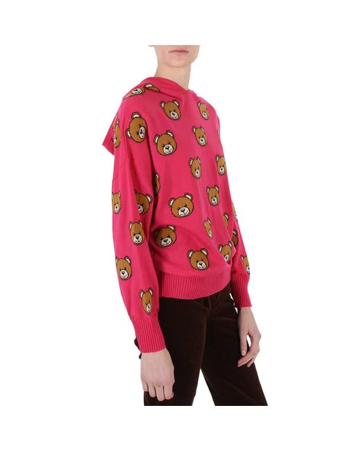 Moschino Pink Fucsia Teddy Bear Intarsia Hooded Sweater