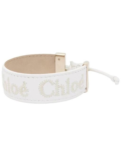 Chloé White Woody Logo Leather Bracelet