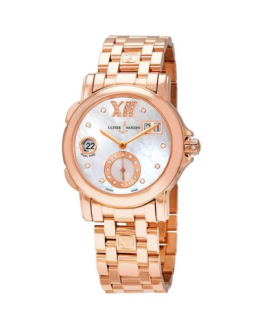 Ulysse Nardin Metallic Gmt Dual Time Mother Of Pearl Dial 18kt Polished Rose Gold Automatic Watch