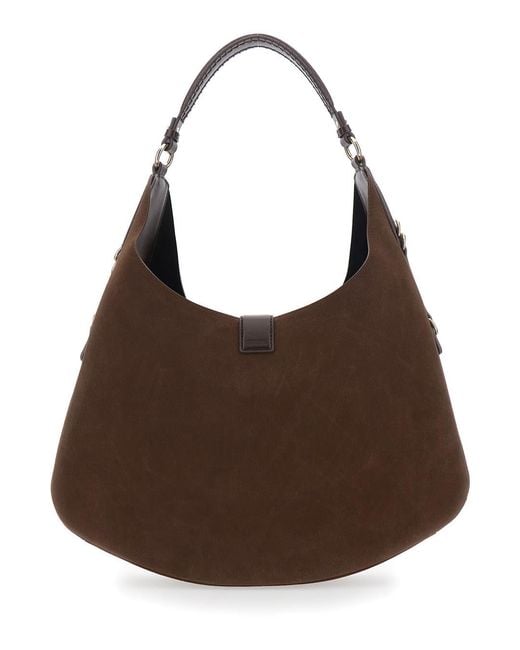 Ganni Brown Kat Large Shoulder Bag With Butterfly Plaque On The Front And Adjustable Shoulder Strap