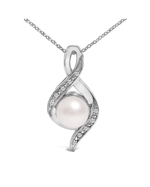 Haus of Brilliance Metallic Sterling 7Mm Cultured Pearl And Diamond Accent Swirl Pendant Necklace