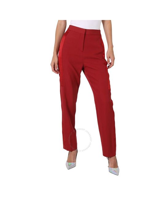 Burberry Red Jacinda Dark Carmine Silk Satin Side Stripe Wool Tailo Trousers