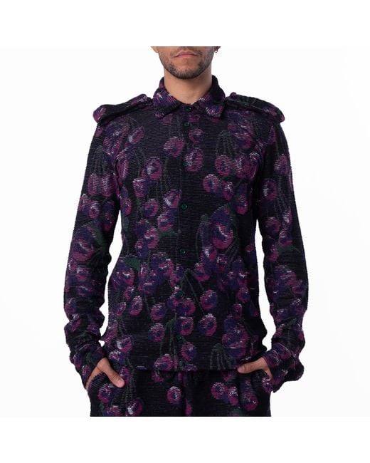 Burberry Blue Cherry Embroidered Silk Cotton Shirt for men