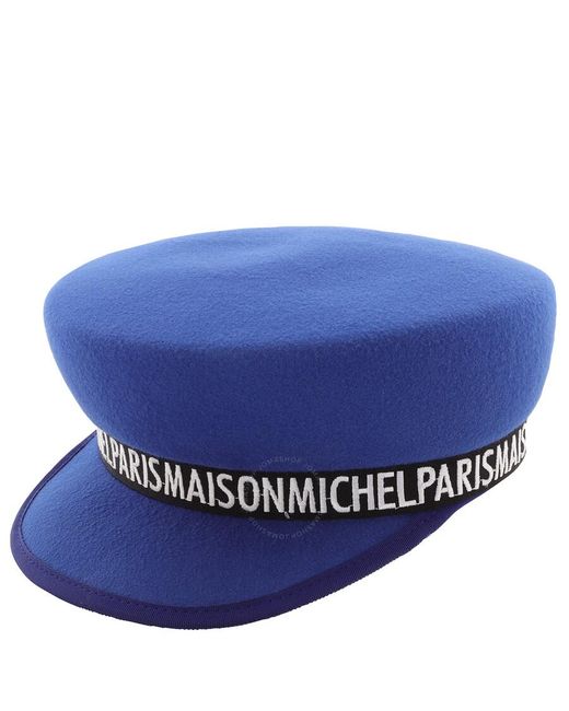 Maison Michel Blue Ocean Abby Logo Ribbon Embroidered Hat
