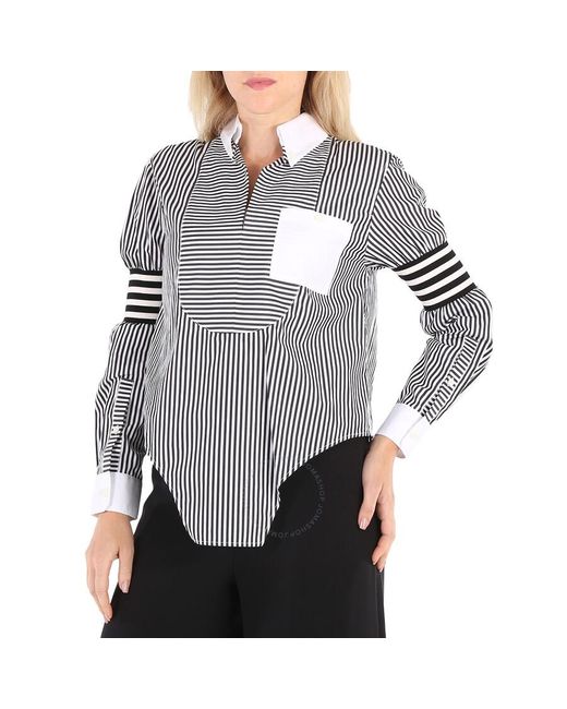 Burberry Gray Stripe Cut-out Hem Striped Cotton Poplin Shirt