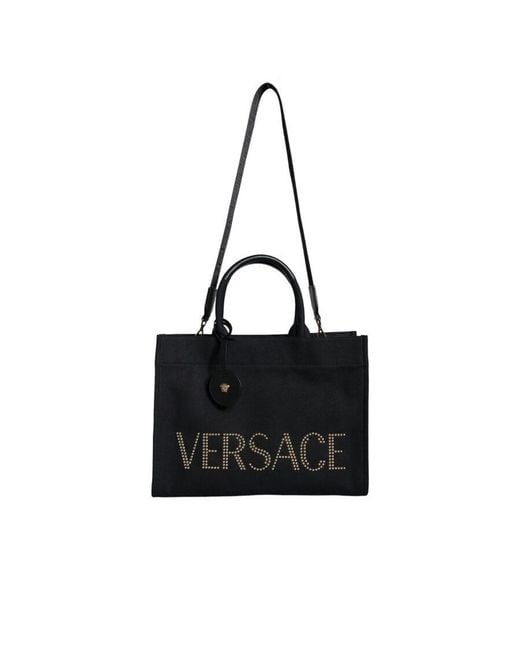 Versace Black Top Handle Canvas Leather Logo Crossbody Tote Bag