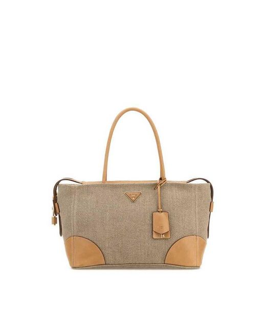 Prada Multicolor Cappuccino Canvas Shopping Bag Corda+Naturale Borse A Mano