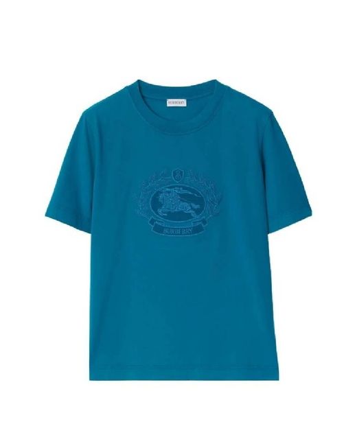 Burberry Blue Embroidered Logo Cotton T-Shirt