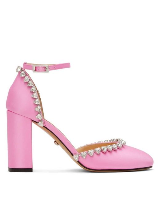 Mach & Mach Pink Audrey 95 Crystal Heart Satin Pumps