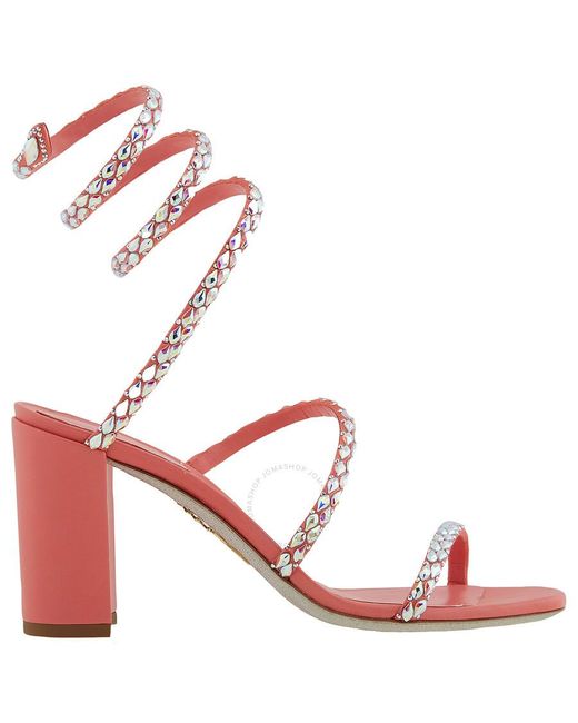 Rene Caovilla Pink Coral Satin/crystal Ab Strass Embellished Heels