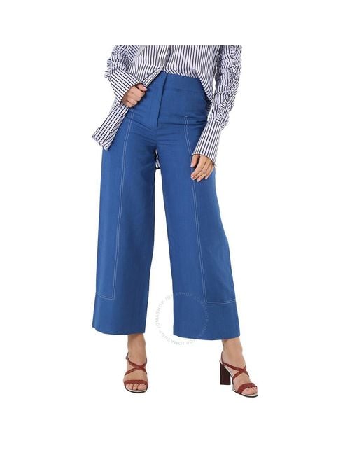 Burberry Blue Dark Cerulean Wide-leg Topstitched Mohair Linen Silk Trousers