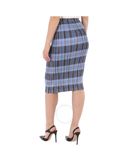 Burberry Blue Plisse Pleated Check Pencil Skirt