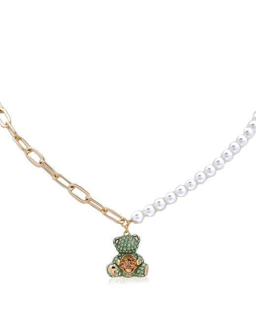 Swarovski Metallic Teddy Crystal Pearl Pendant Necklace