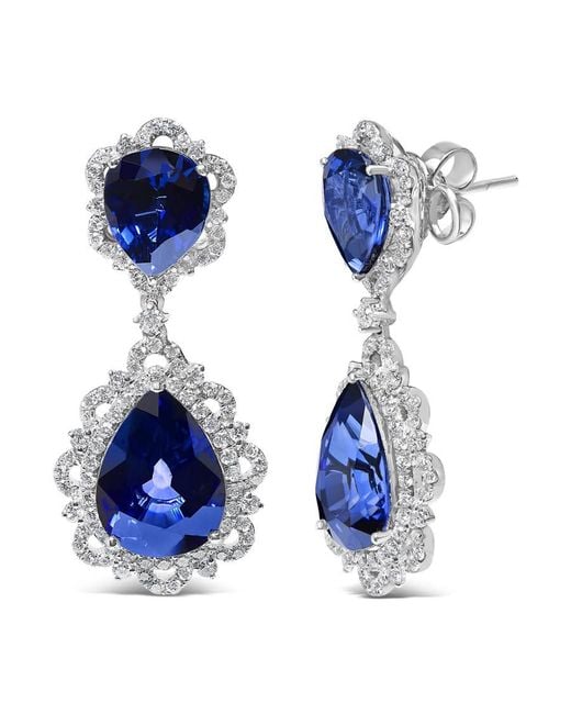 Haus of Brilliance Blue 18K Sapphire And Diamond 2.00 Cttw Diamond Halo Drop And Dangle Earring (G-H Color, Si1-Si2 Clarity)