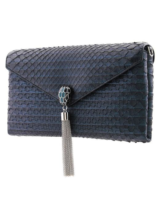BVLGARI Blue Metallic Python Serpenti Forever Tassel Clutch
