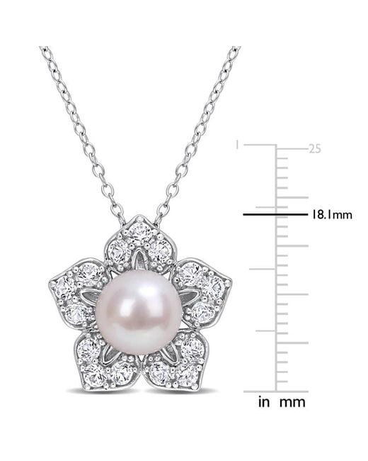Amour Metallic 8-9Mm Freshwater Cultured Pearl And 1 1/3Ct Tgw Created Sapphire Flower Pendant With Chain