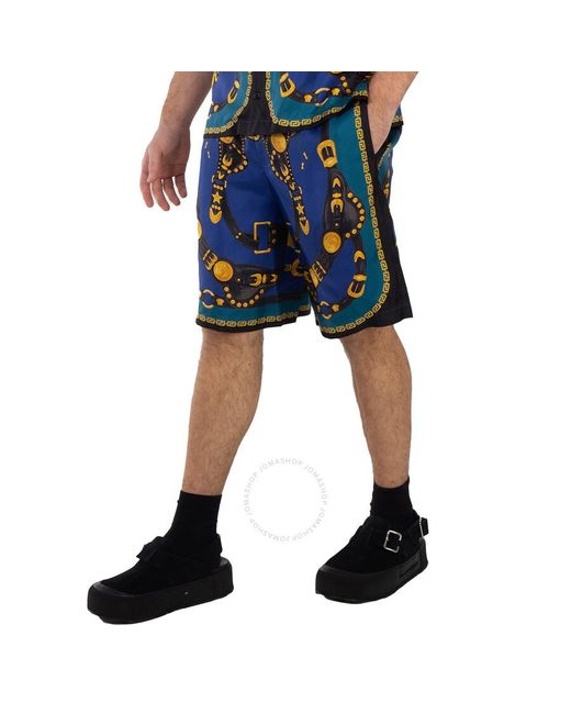 Versace Blue Medusa Harness-Print Silk Twill Shorts for men