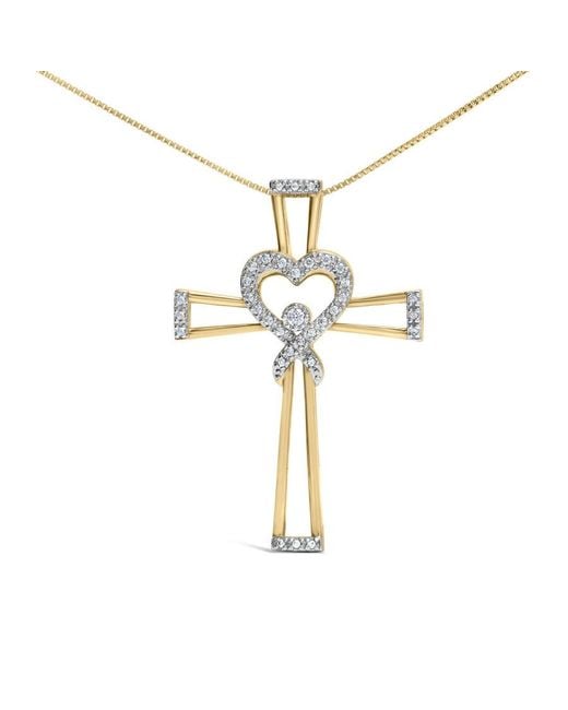 Haus of Brilliance Metallic 14K Over 1/6 Cttw Diamond Interlocking Heart And Ribbon Cross Pendant Necklace