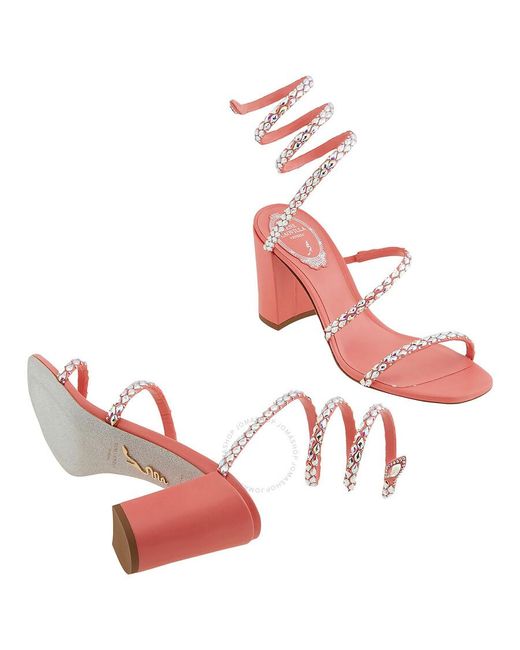 Rene Caovilla Pink Coral Satin/crystal Ab Strass Embellished Heels