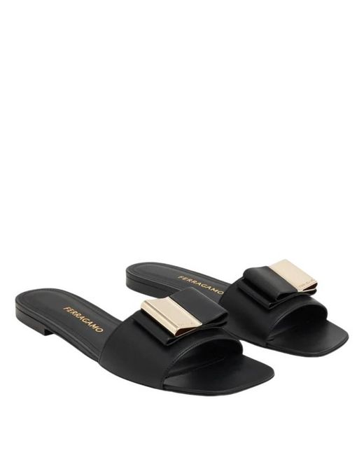 Ferragamo Black Lyana Double-Bow Slides