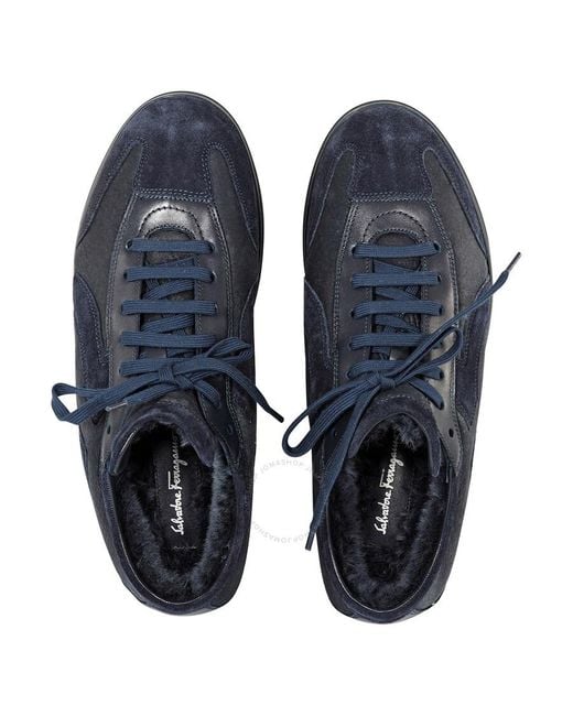 Ferragamo Blue Salvatore Benbow Low Top Suede And Leather Sneakers for men