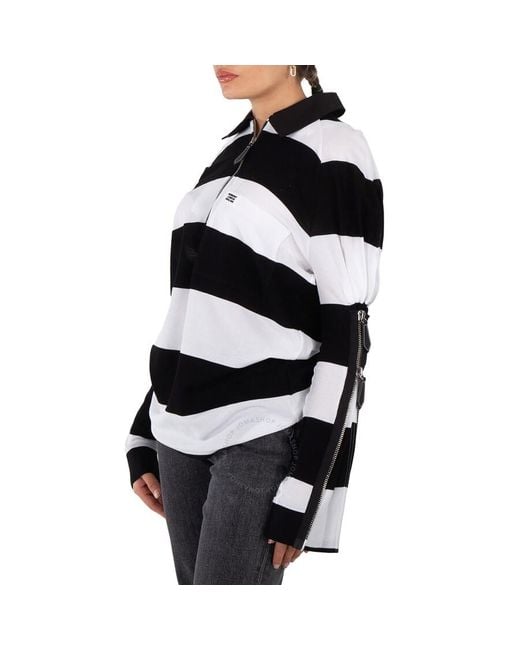 Burberry Black Ladies Pattern Zip Detail Striped Pique Cotton Loose Fit Rugby Shirt